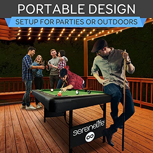 SereneLife 6-Ft Folding Pool Table - Portable Billiard Table - Includes 2X Cue Sticks, Full Set of Balls, Chalk, Brush - Foldable for Kids and Adults - WoodArtSupply