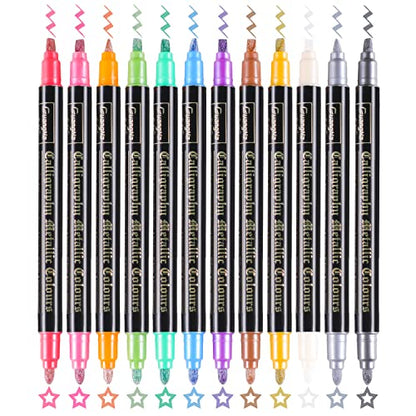 Sunshilor Calligraphy Metallic Marker Pens Dual Tip Chisel and Medium Point Pens for Black Paper, Rock Painting, Easter Egg, Halloween Pumpkin, Card - WoodArtSupply