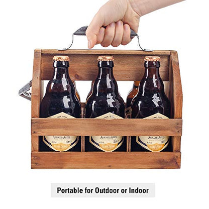 BARGIFTS Wooden 6-Bottle Caddy with Bottle Opener, build in a Removable Middle Divider Metal Bottle Opener… (Brown) - WoodArtSupply