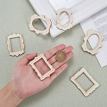 KitBeads 50pcs Random Mini Photo Picture Frame Unfinished Wood Ornaments Vintage Photo Frame Laser Cut Wood Craft Embellishments for DIY Painting