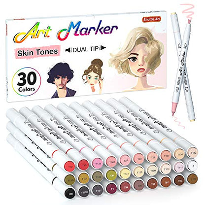 Shuttle Art 30 Colors Skin Tone&Hair Art Markers, Dual Tip Alcohol Based Flesh Color Marker Pen Set Contains 1 Blender Perfect for Kids & Adults