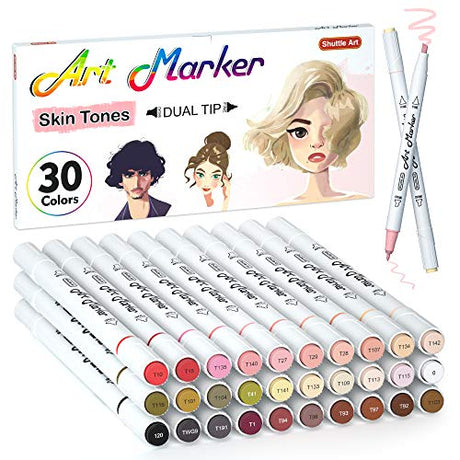 Shuttle Art 30 Colors Skin Tone&Hair Art Markers, Dual Tip Alcohol Based Flesh Color Marker Pen Set Contains 1 Blender Perfect for Kids & Adults Shuttle Art