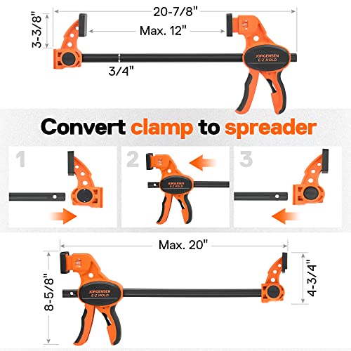 Jorgensen Bar Clamps For Woodworking, 12" 2-Pack One-Handed Clamps/Spreader with Load Limit Indicator, Quick Grip Bar Clamps E-Z Hold F Clamps Set - WoodArtSupply