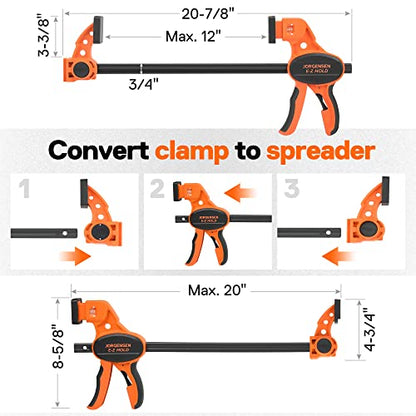 Jorgensen Bar Clamps For Woodworking, 12" 2-Pack One-Handed Clamps/Spreader with Load Limit Indicator, Quick Grip Bar Clamps E-Z Hold F Clamps Set - WoodArtSupply