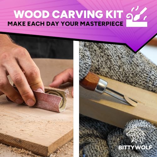 BittyWolf Wood Carving Kit 22 Pieces,Whittling Kit for Adults and Teens, Knife Set for Woodworking with Cut Resistant Gloves, Wooden Blocks, Knife - WoodArtSupply