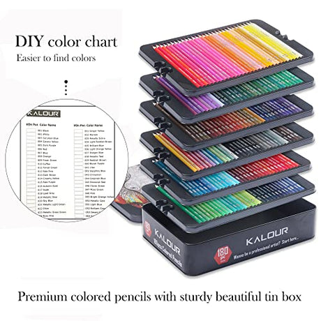 KALOUR 180 Colored Pencil Set for Adults Artists kids- 3.3mm Rich Pigment Soft Core -12 Metallic Pencil - Wax-Based - Ideal for Coloring Drawing KALOUR
