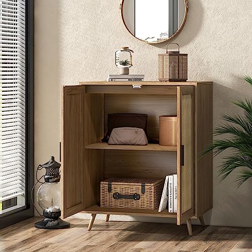 Xilingol Buffet Cabinet with Storage, Storage Cabinet with Rattan Decor Doors, Accent Cabinet with Solid Pine Wood Feet, Sideboard Cabinet for Xilingol