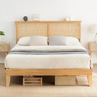 IDEALHOUSE Queen Bed Frame with Natural Rattan Headboard, Queen Size Bed Frame with LED Lights, 12.4 Inch Solid Wood Platform Bed, Boho Cane Bed
