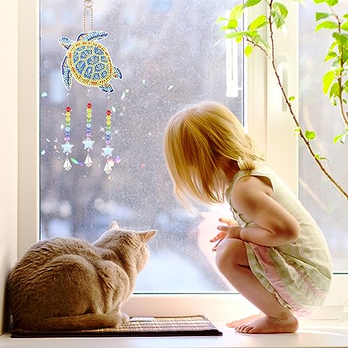 Anseal 3 Pack Diamond Art Suncatcher Wind Chime Kits for Adults Kids, Double Sided Crystal Sea Animals Diamond Painting Hanging Ornament Suncatchers Anseal