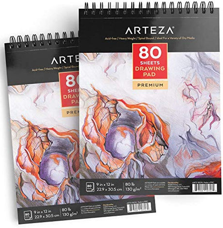 ARTEZA Drawing Pad 9 x 12 Inches, Pack of 2, 160 Sheets (80lb/130g), Spiral Bound Artist Drawing Books, 80 Sheets Each, Durable Acid Free Sketch ARTEZA