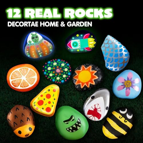 12 Rock Painting Kit, 43 Pcs Arts and Crafts for Kids Ages 4-8+, Art Supplies with 18 Paints (Glow in The Dark & Metallic & Standard), Craft Paint JOYIN
