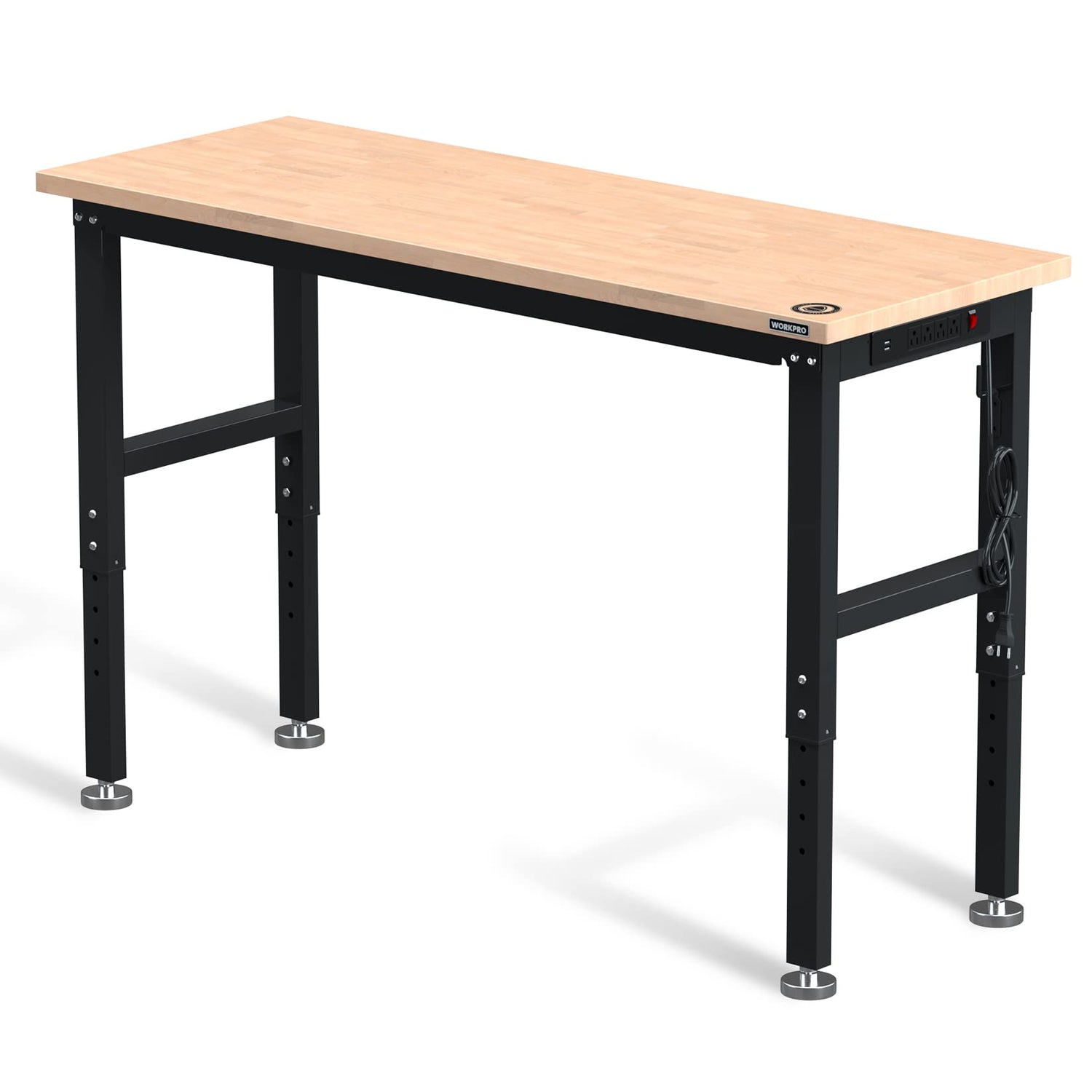 WORKPRO 60" Adjustable Workbench, Rubber Wood Top Heavy-Duty Workstation, 2000 LBS Load Capacity Hardwood Worktable with Power Outlets, for Workshop, WORKPRO