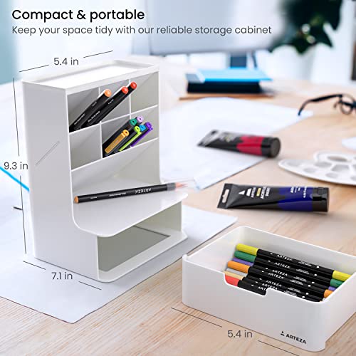 ARTEZA Desktop Pen and Marker Organizer, 6-Compartment White Pen Holder for Desk with Stationery Drawer, 5.43in x 7.09in x 9.33in, Makeup Organizer ARTEZA