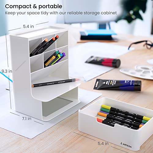 ARTEZA Desktop Pen and Marker Organizer, 6-Compartment White Pen Holder for Desk with Stationery Drawer, 5.43in x 7.09in x 9.33in, Makeup Organizer