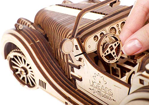 UGEARS VM-01 Roadster Vehicle – 3D Wooden car DYI – Fun Projects for Adults– 3D Mechanical Working Model Idea – Plywood Material with Transmission UGEARS