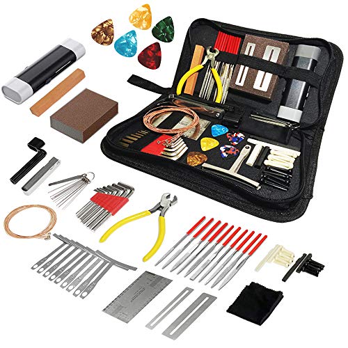 72PCS Guitar Tool Kit，Professional Guitar Repairing Maintenance Tool Kit with Guitar Strings Picks Bridge Pins Gauge Guitar Accessories Gift for - WoodArtSupply