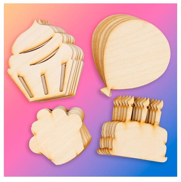 Pack of 24 Unfinished Wood Assorted Party Balloon and Cake Cutouts by Factory Direct Craft - Blank Wooden DIY Party Shapes for Scouts, Camps, Factory Direct Craft