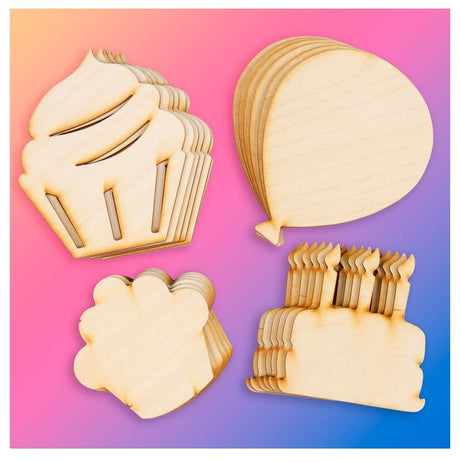 Pack of 24 Unfinished Wood Assorted Party Balloon and Cake Cutouts by Factory Direct Craft - Blank Wooden DIY Party Shapes for Scouts, Camps, Factory Direct Craft
