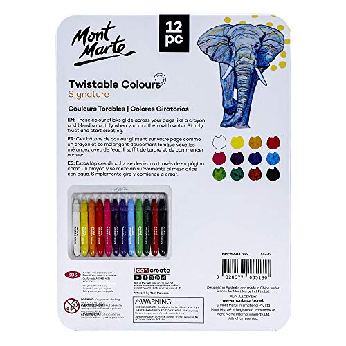 Mont Marte Studio Twistable Colors, 12 Piece. Includes 12 Water Blendable Painting Sticks, Silky Smooth Texture and Easy Glide. - WoodArtSupply