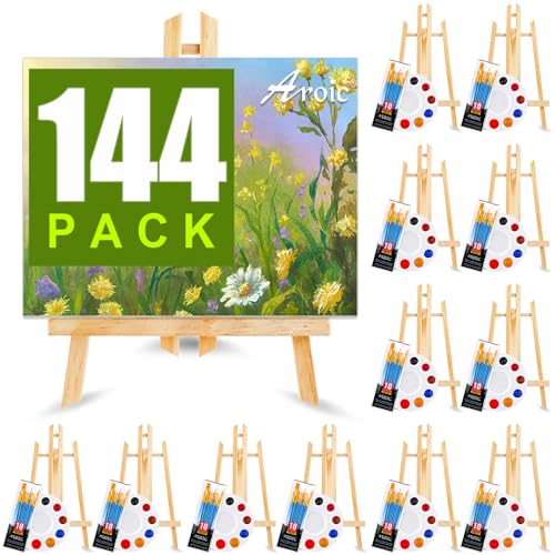 144 PCS Professional Painting Set, 12 PCS Wood Easels,12 Packs of 120 Brushes with Nylon Brush Head and 12 PCS Palettes, Painting Supplies kit for AROIC