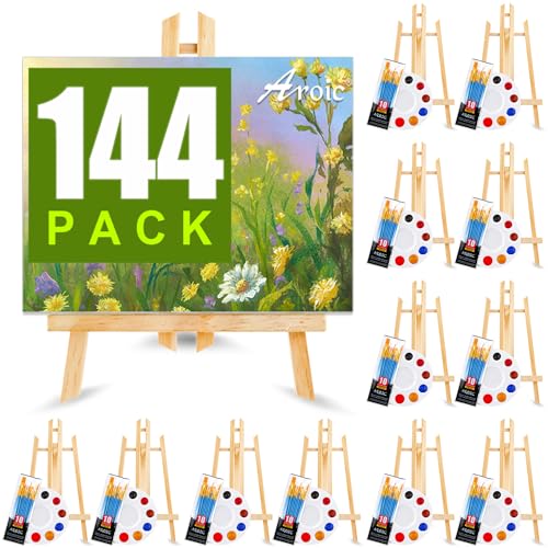 144 PCS Professional Painting Set, 12 PCS Wood Easels,12 Packs of 120 Brushes with Nylon Brush Head and 12 PCS Palettes, Painting Supplies kit for - WoodArtSupply