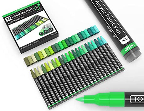Acrylic Paint Pens 22 Green Tones Assorted Pro Color Series Markers Set 0.7mm Extra Fine Tip for Rock Painting, Glass, Mugs, Wood, Metal, Canvas, DIY TOOLI-ART