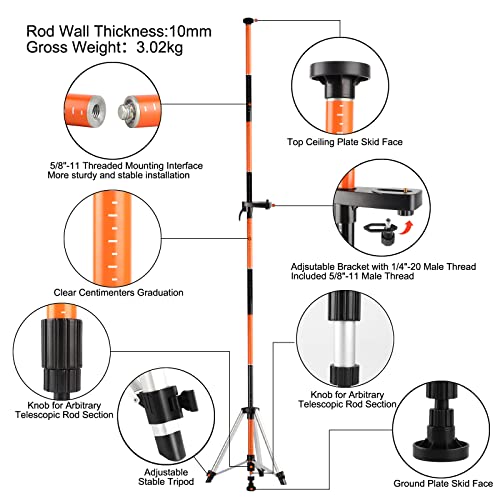 KEZERS Laser Level Pole with Tripod,12Ft./3.7M Telescoping Pole for Laser Levels,1/4”-20 Laser Mount for Rotary and Line Laser Level,Adjustable Pole KEZERS