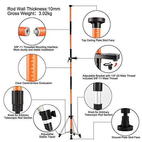 KEZERS Laser Level Pole with Tripod,12Ft./3.7M Telescoping Pole for Laser Levels,1/4”-20 Laser Mount for Rotary and Line Laser Level,Adjustable Pole - WoodArtSupply