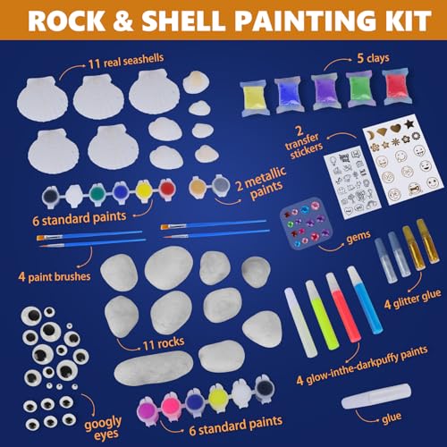 2 Pack Separate Kids Rock & Sea Shell Painting Kit, Arts & Crafts Gifts for Girls and Boys Kids Activities Kits, Creative Art Decorations Paint Kit Gotega