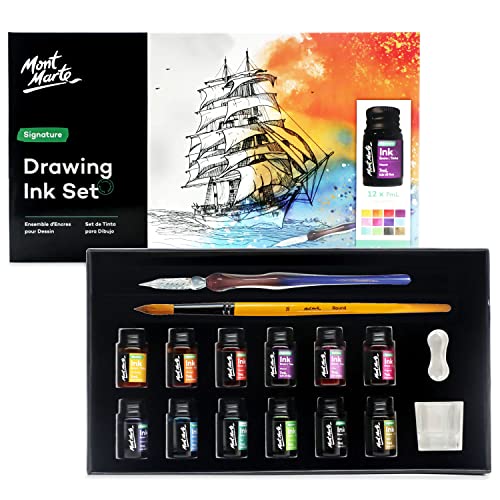 Mont Marte Drawing Ink Kit Signature 16pc, Great Art Set, Includes 12 x 7ml (0.24 US fl.oz) Ink Colours, Glass Dip Pen, Paint Brush, Pen Rest, Ink - WoodArtSupply