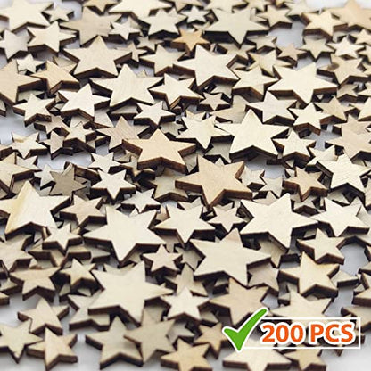 200 Pcs Mix Sizes Unfinished Wood Stars Slices Blank Natural Wooden Stars Shapes Cutouts Ornaments Tags for DIY Wedding Art Crafts Christmas