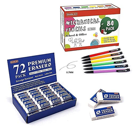 Shuttle Art Erasers and Mechanical Pencils Bundle, Set of 72 Pack Premium White Erasers Bulk + 84 Pack Bulk Mechanical Pencils Shuttle Art