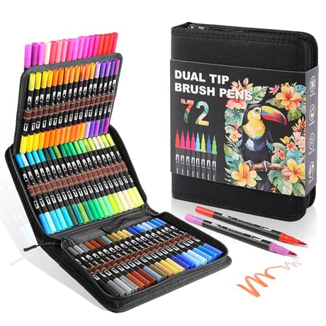 TOSHARE Dual Brush Marker Pens, 72 Colors Art Markers Set with Fine Tip and Brush Tip for Kids Adult Coloring Book Hand Lettering Calligraphy Drawing TOSHARE