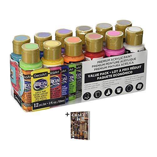 DecoArt Americana Acrylic Paint - 12 Ct Basic Assorted Acrylic Paints Value Pack - Medium Viscosity Water Based Multi Surface Acrylic Paint Set for - WoodArtSupply