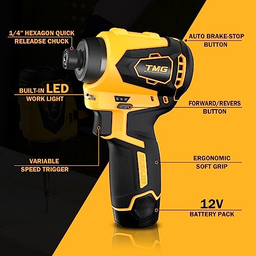 TMG 12V Max Brushless Drill and Impact Driver, Cordless Power Tool Combo Kit, 2-Tool Lithium-Ion Tool Set with 2.0 Ah batteries and Bag - WoodArtSupply