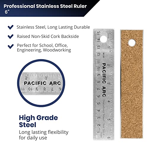 Pacific Arc Stainless Steel 6 Inch Metal Ruler Non-Slip Cork Back, with Inch and Metric Graduations Pacific Arc