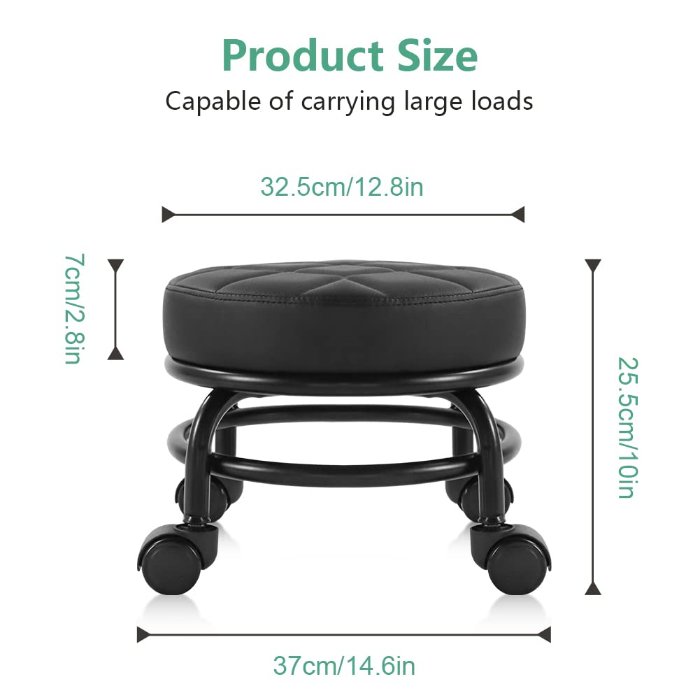 FURWOO Low Roller Seat PU Leather Rolling Stool Step Stool Mechanic Stool on Wheels for Home Office Garage Shop Black FURWOO