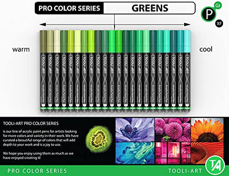 Acrylic Paint Pens 22 Green Tones Assorted Pro Color Series Markers Set 0.7mm Extra Fine Tip for Rock Painting, Glass, Mugs, Wood, Metal, Canvas, DIY TOOLI-ART