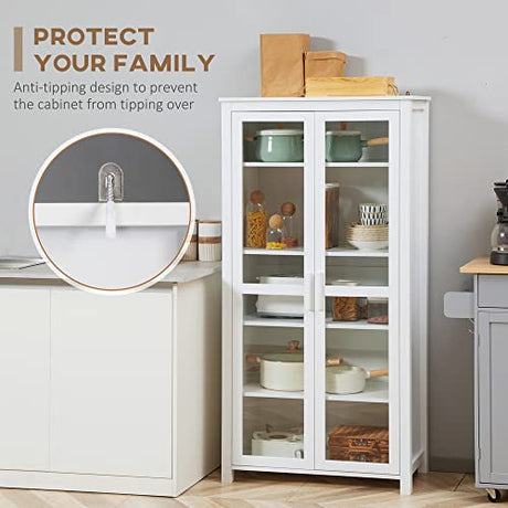 HOMCOM Freestanding Kitchen Pantry, 5-Tier Storage Display Cabinet, Curio Cabinet with Adjustable Shelves and 2 Glass Doors for Living Room, Dining HOMCOM