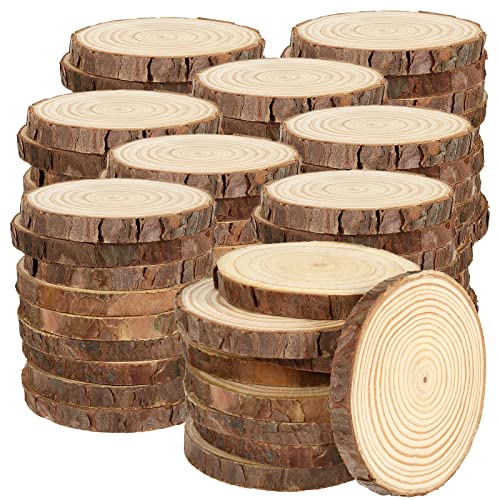 SINJEUN 80 PCS 3.5-4 Inch Wood Slices, Natural Wood Circle Slices with Bark, Unfinished Wood Discs for DIY Crafts, Christmas Ornaments, Wedding Decorations
