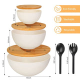 ShineMe Salad Bowl with Lid, Natural Bamboo Fiber Serving Bowls Set of 3 with Utensils & Lids, Mixing Bowls for Preparing, Storing and Serving for ShineMe