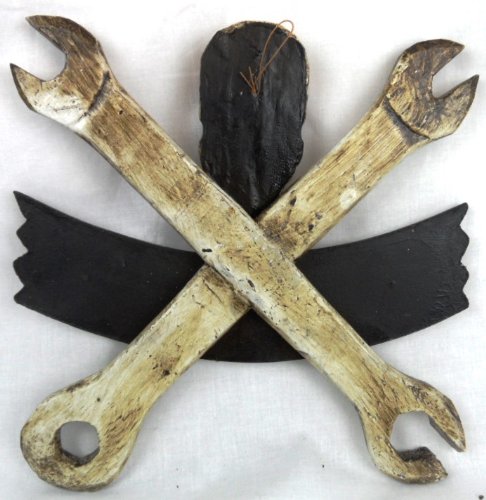 LG 12 inch Hand Carved Wood Pirate Skull Cross Bone With Wrenches"ASSHOLE'S GARAGE" Sign Plaque Wall Art Decor - WoodArtSupply