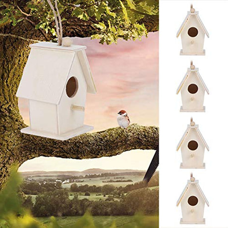 4Pcs Wooden Birdhouse Kits, Hanging Bird House Decorative Small Wood Birds Nest Cage Unfinished Paintable Nesting Box Innovative Birdcage Crafting Tiiyee