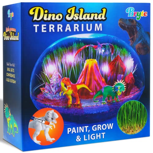 Bryte Dinosaur Light Up Terrarium Kit for Kids | Create a Dino Habitat with Real Plants, Figurines, Volcano & LED Lights | DIY Science Kit, STEM - WoodArtSupply