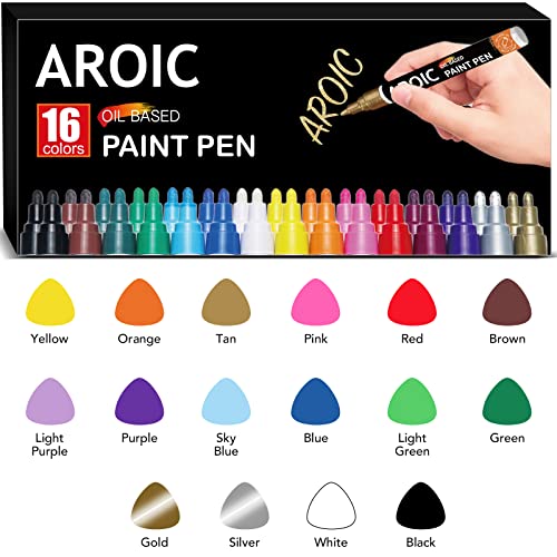 AROIC Paint Pens Paint Markers, 16 colors Oil-Based Waterproof Paint Marker  Pen Set On Rock, Wood, Fabric, Metal, Plastic, Glass, Canvas, Mugs