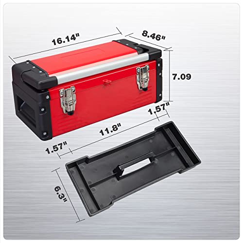 Jack Boss Metal Tool Box Steel 16" Inch Tool Organizer Box Durable Portable Tool Storage with Alum Alloy Handle Double-Lock Toolbox & Removable Tray Jack Boss