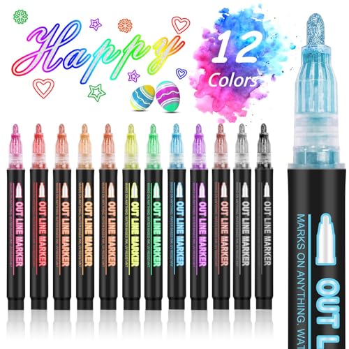 Outline Markers Self-outline Metallic Markers, 12 Colors Double Line Outline Markers, Super Squiggles Shimmer Outline Glitter Pen Set for Christmas Hoxida