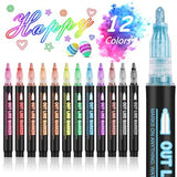 Outline Markers Self-outline Metallic Markers, 12 Colors Double Line Outline Markers, Super Squiggles Shimmer Outline Glitter Pen Set for Christmas Hoxida