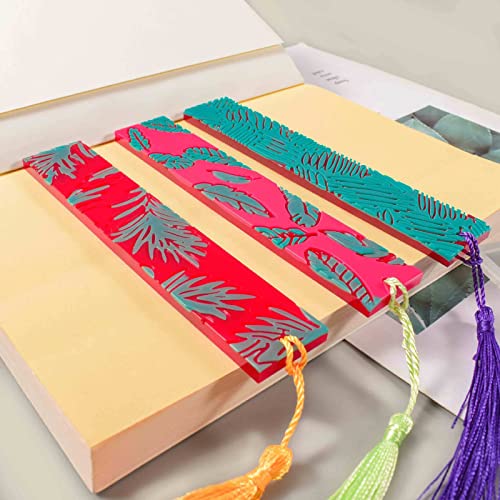 Szecl 10Pcs Resin Bookmark Mold Upgrade Rectangle Bookmark Silicone Mold with 10 Tassel Leaves Texture Flower Shaped Epoxy Resin Casting Mold DIY Szcelling