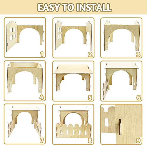 Fhiny Wooden Rabbit Castle Hideout with Fence, Small Animal Rest and Play House Hideaway with Window Detachable Rabbit Bed Hut Bunny Castle for Fhiny